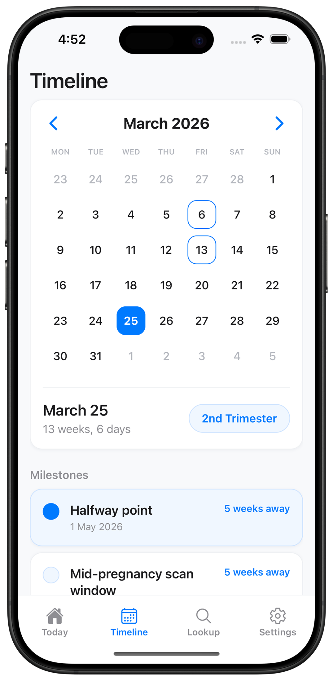 Nine Months calendar view with trimester timeline